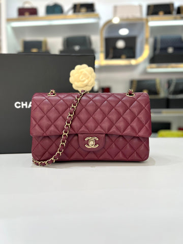 Full Set Microchip CHANEL Medium Shiny Graind Caviar Flap Burgundy Champagne Women Slingbag - Reeluxs 