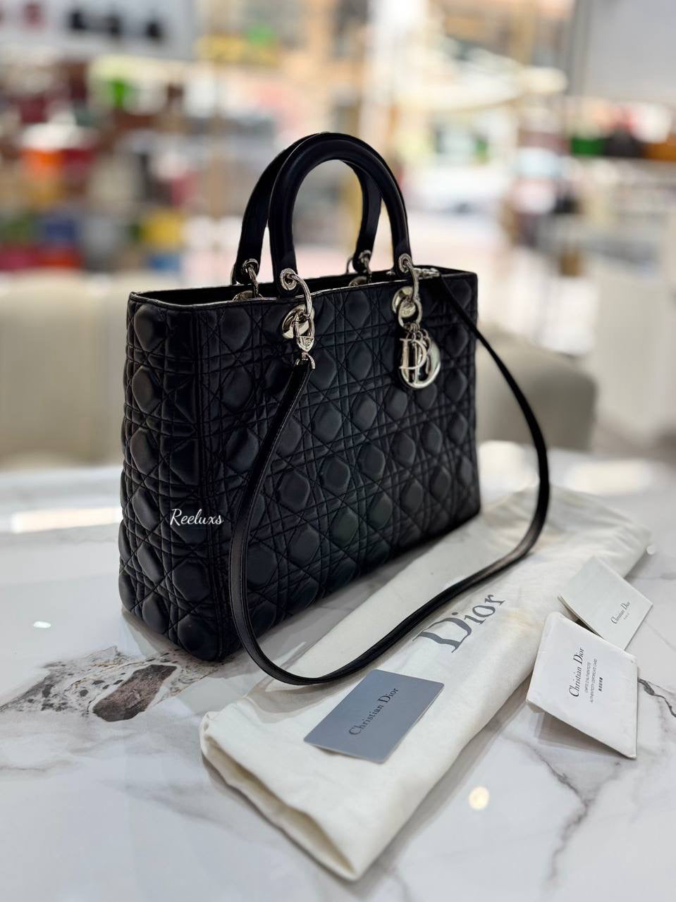 CHRISTIAN DIOR  Black Cannage Lamskin Large Lady Dior Handbag / Shoulder Bag