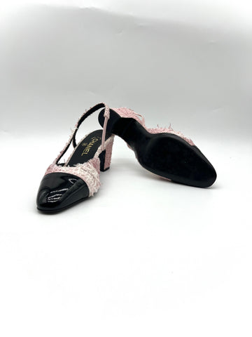 Tweed Grosgrain Cap Toe CC Slingback Pumps 37 Pink Black - Reeluxs 