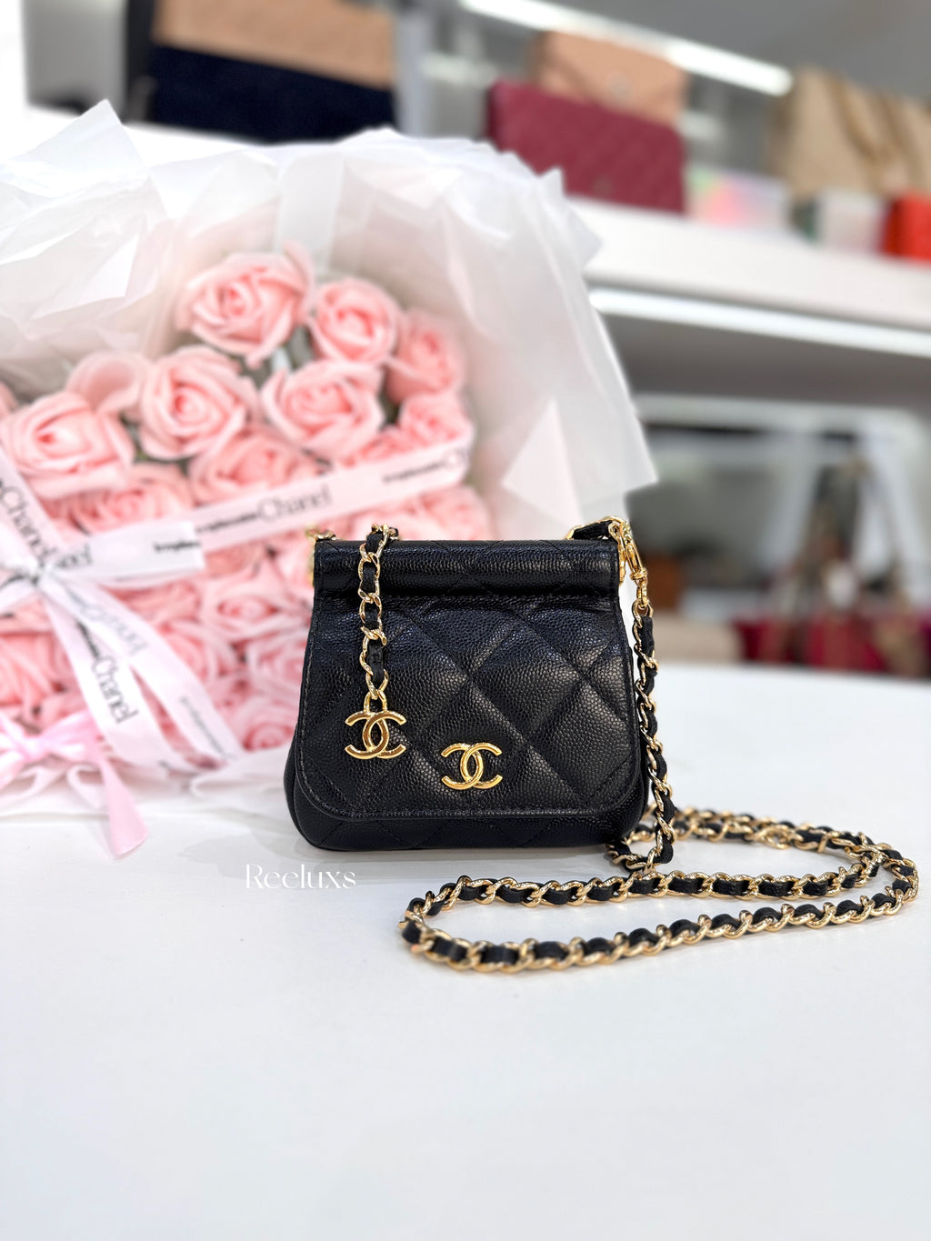 CHANEL Mini Caviar Bar Clutch On Chain