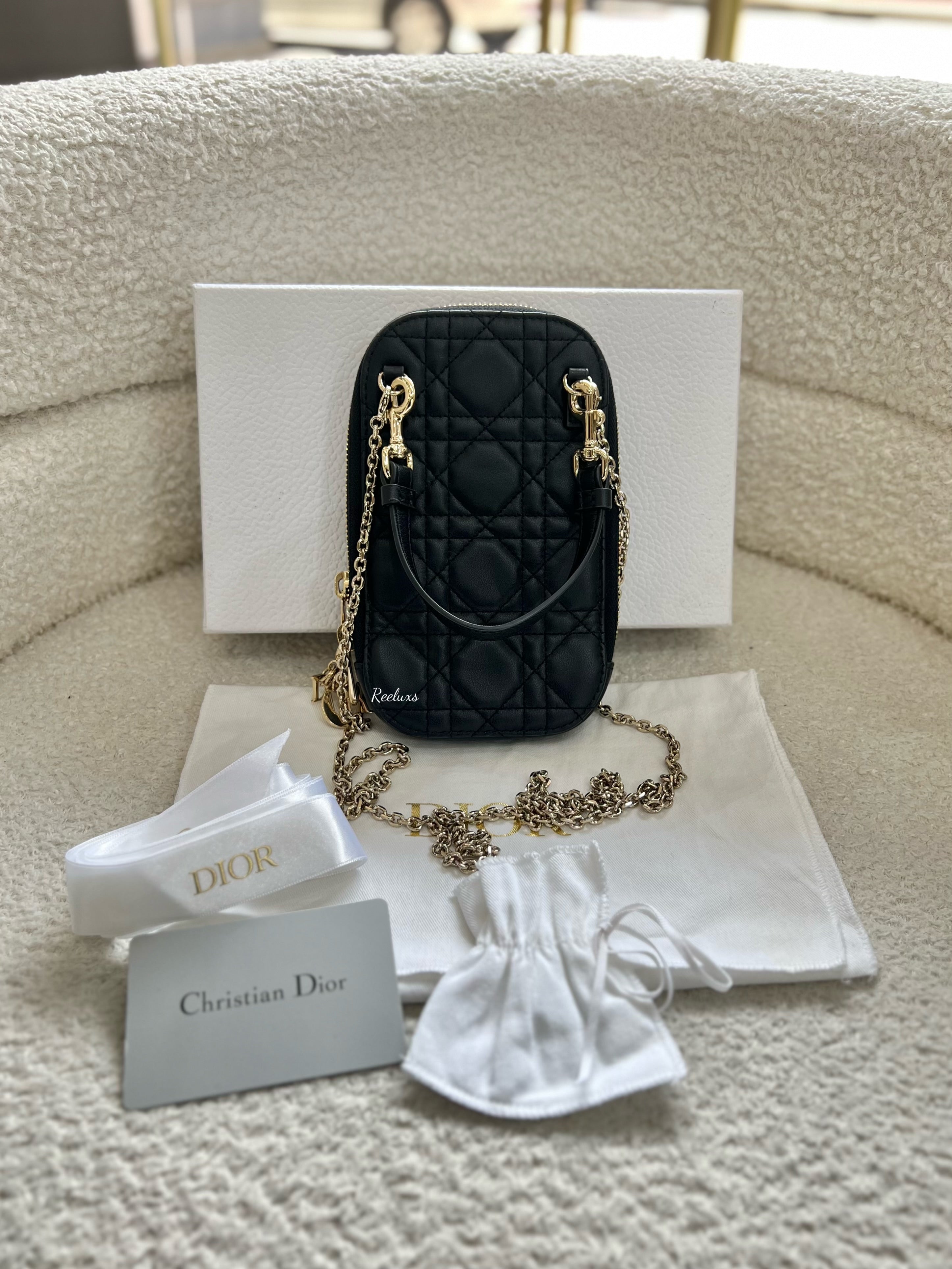 FULLSET CHRISTIAN DIOR Cannage Phone Case Leather Black Chain Shoulder Bag
