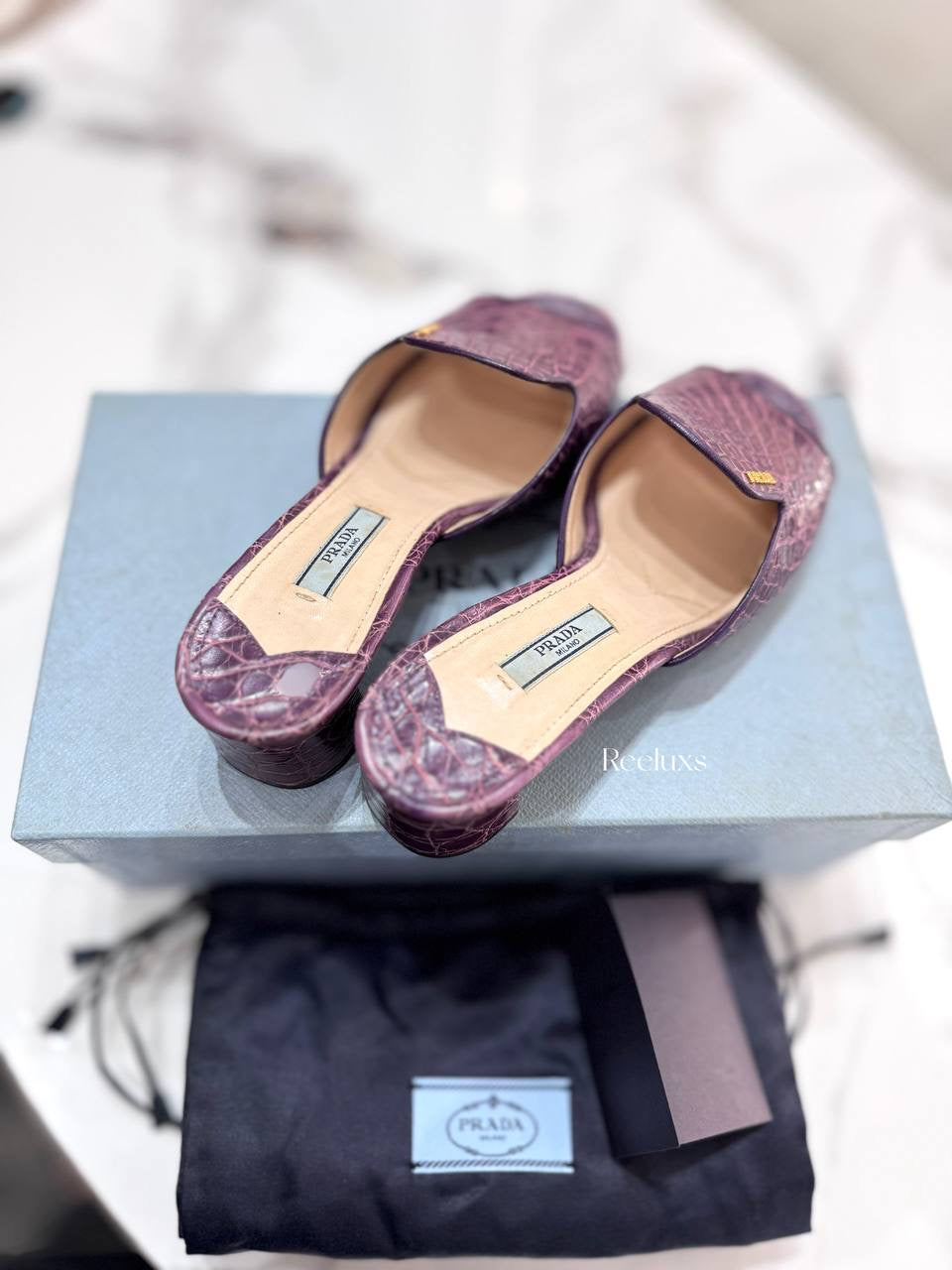 Prada Croc Embossed Leather Flat Sandals