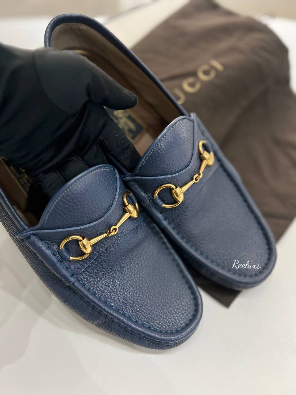 GUCCI Blue Leather Horsebit Loafer