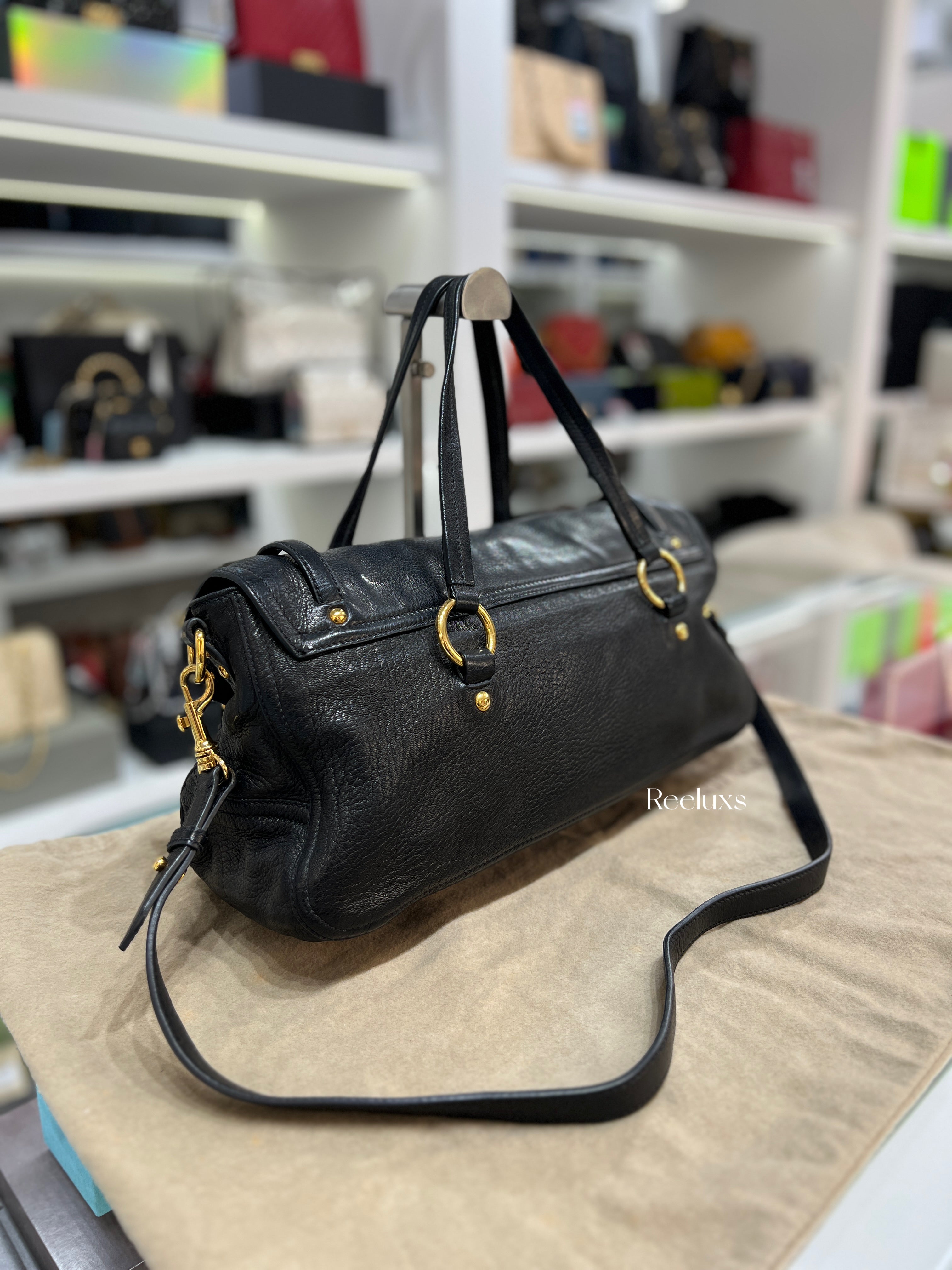 MIU MIU Black Cervo Leather East/West Satchel Bag