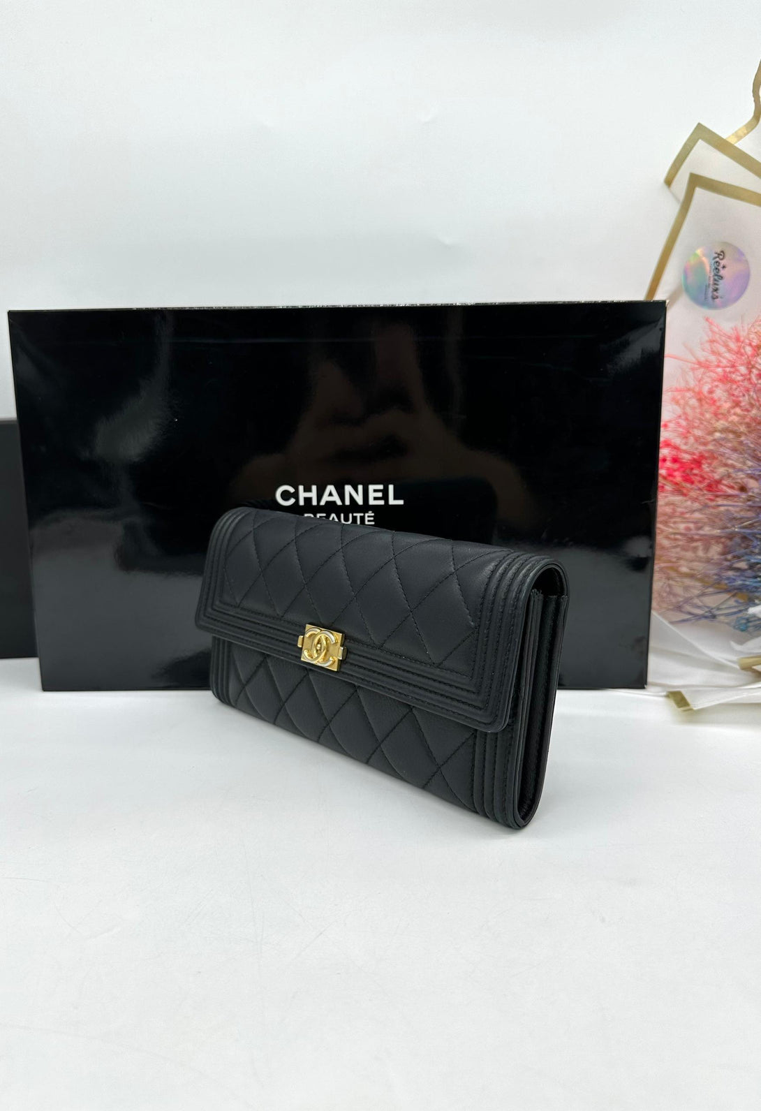 Full Set CHANEL Long Wallet Boy Lambskin Black For Women - Reeluxs 