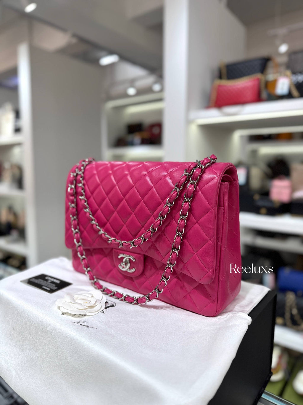 CHANEL Pink Quilted Lambskin Leather Classic Jumbo Double Flap Bag Full Set