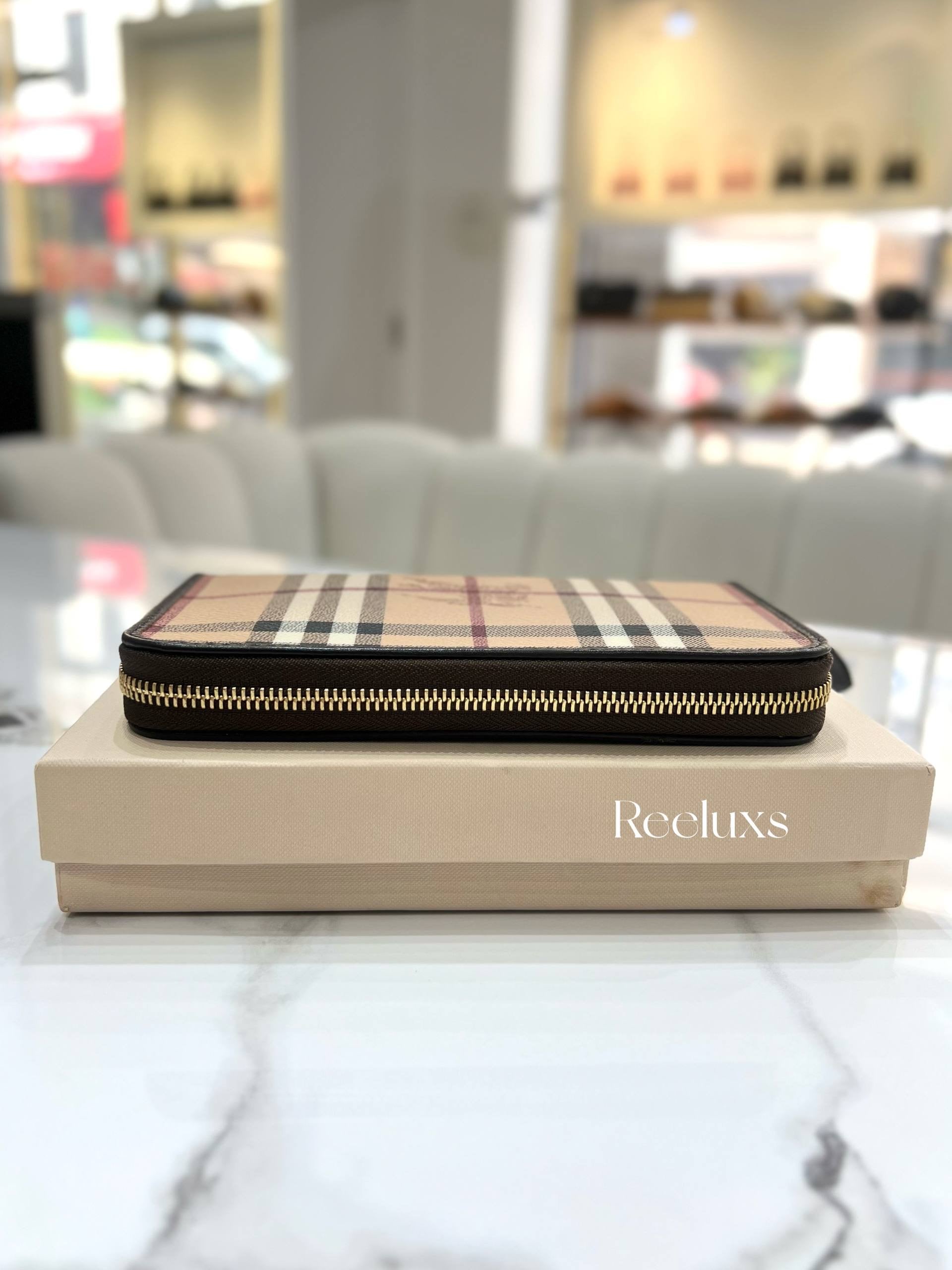 FullSet BURBERRY Brown Leather Haymarket Check Coated Canvas Zip Wallet