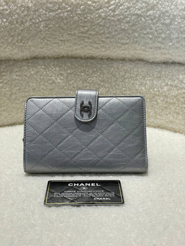 CHANEL Matelasse Coco Mark Clasp Folding Silver Wallet