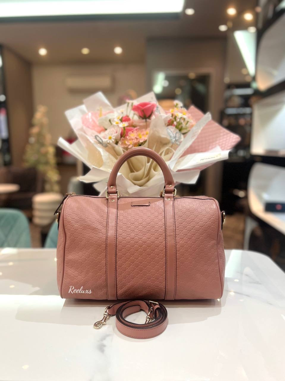 GUCCI Dusty Pink Microguccissima Leather Medium Joy Boston Bag