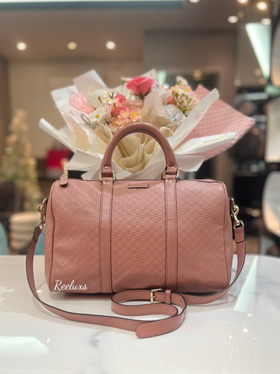 GUCCI Dusty Pink Microguccissima Leather Medium Joy Boston Bag