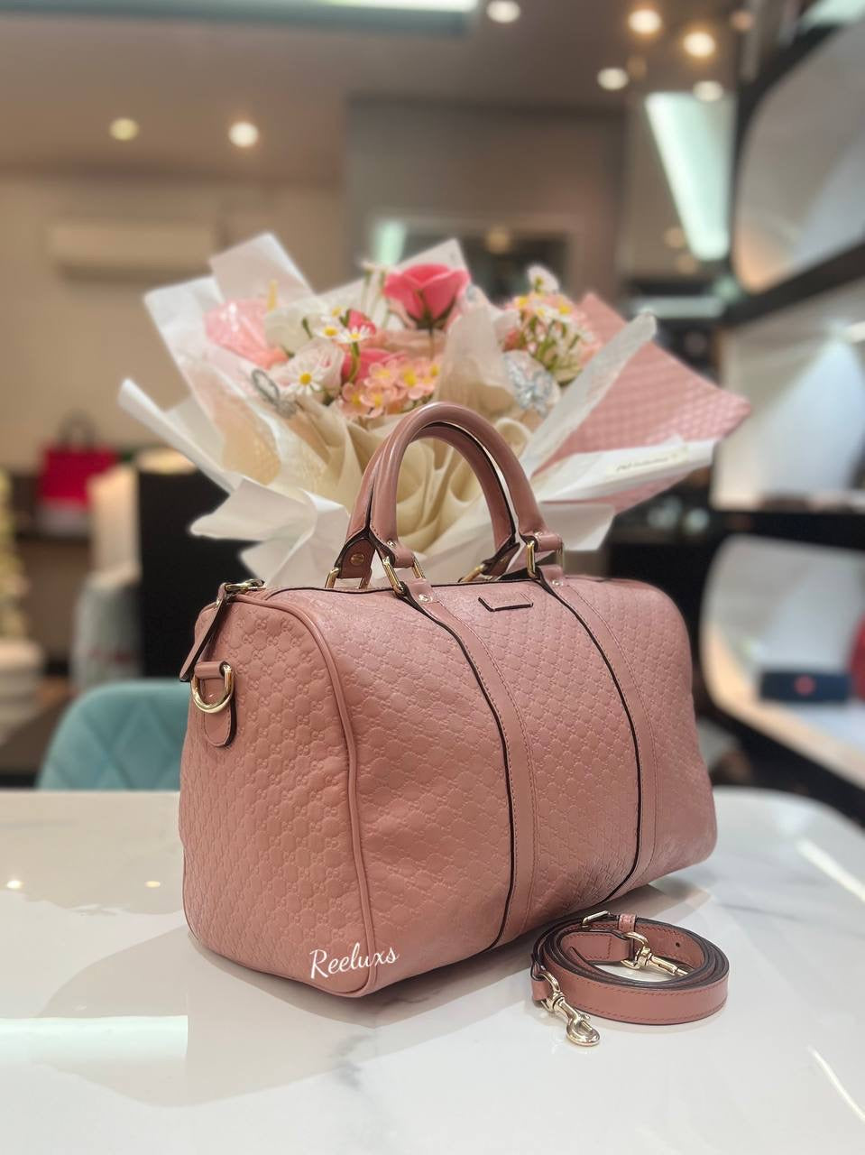 GUCCI Dusty Pink Microguccissima Leather Medium Joy Boston Bag