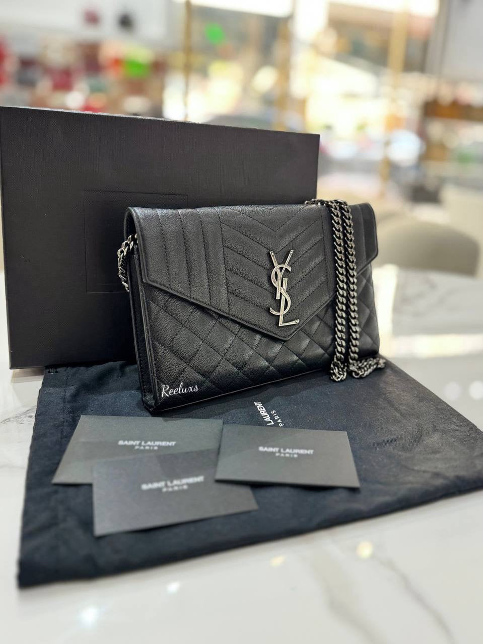 YVES SAINT LAURENT YSL Triquilt Envelope Leather Wallet On Chain ( WOC ) Slingbag