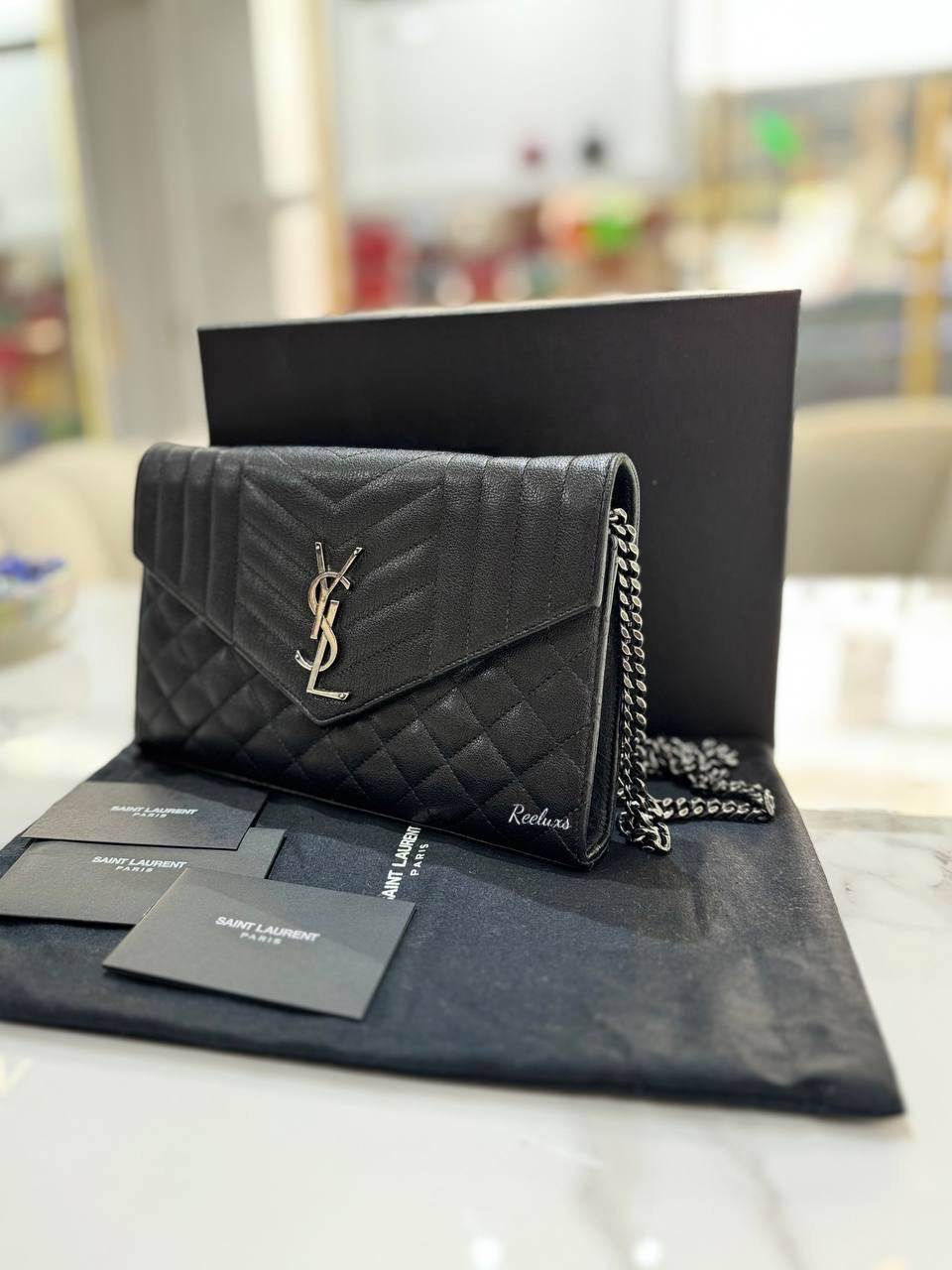 YVES SAINT LAURENT YSL Triquilt Envelope Leather Wallet On Chain ( WOC ) Slingbag