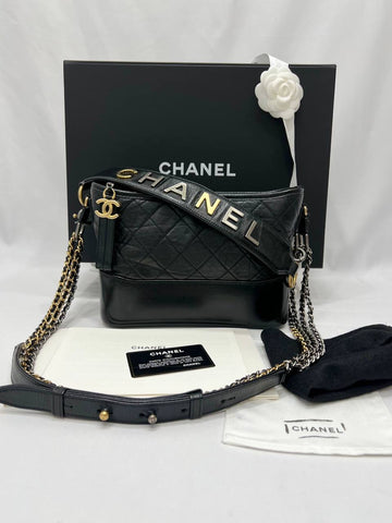 CHANEL Gabrielle Hobo With Logo Handle Bag Black Leather