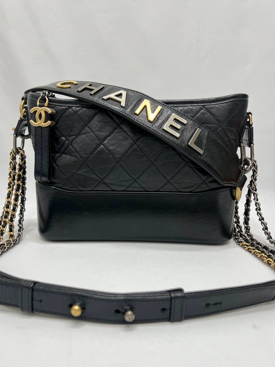 CHANEL Gabrielle Hobo With Logo Handle Bag Black Leather