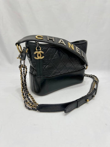 CHANEL Gabrielle Hobo With Logo Handle Bag Black Leather