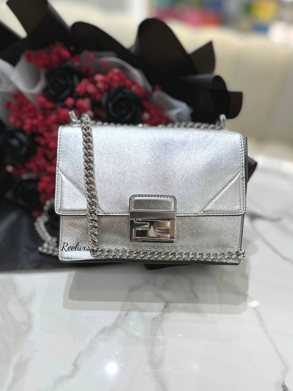 FENDI Kan U Chain Sling Bag Silver Leather For Women Bag