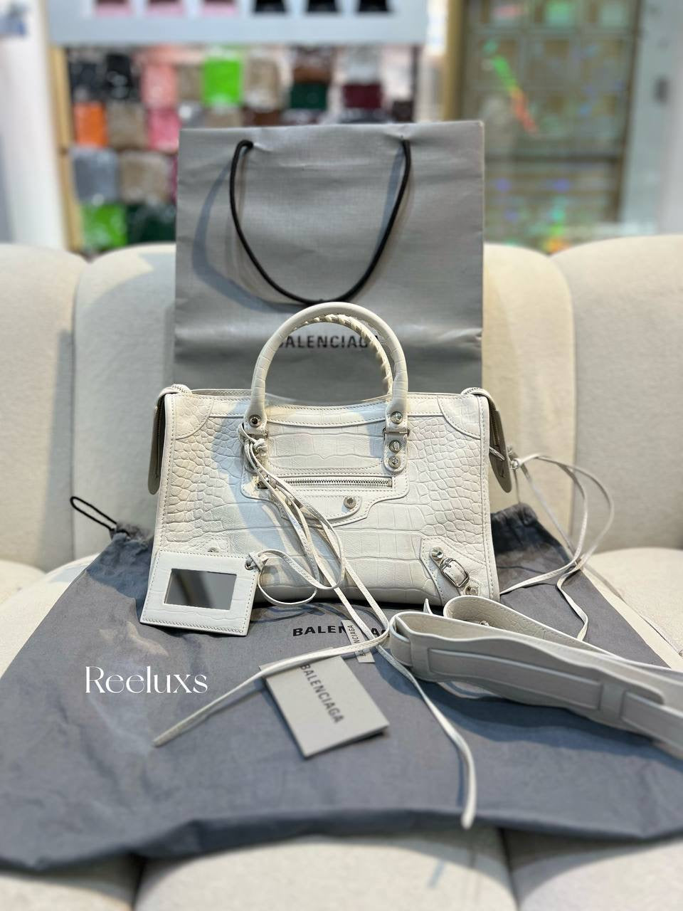 BALENCIAGA City White Croc Leather 2way Shoulder Bag