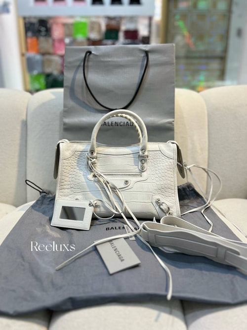 BALENCIAGA City White Croc Leather 2way Shoulder Bag