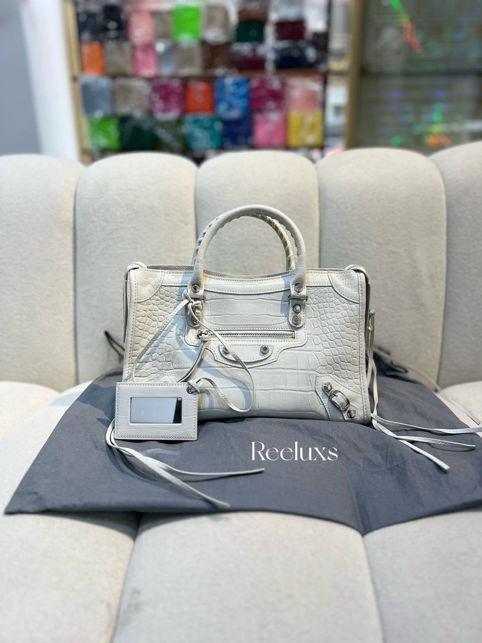 BALENCIAGA City White Croc Leather 2way Shoulder Bag
