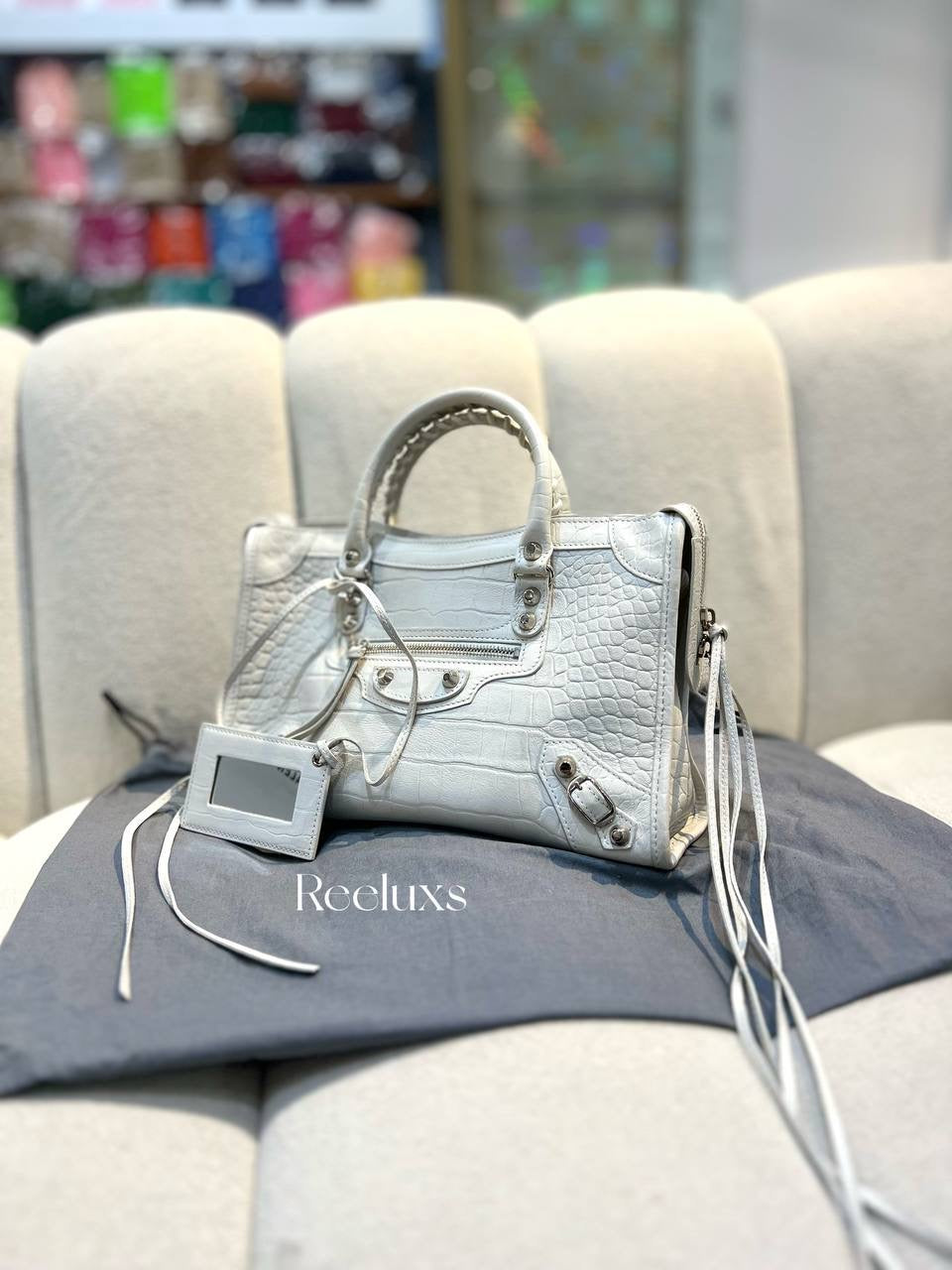 BALENCIAGA City White Croc Leather 2way Shoulder Bag