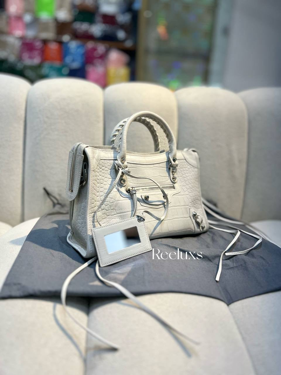 BALENCIAGA City White Croc Leather 2way Shoulder Bag