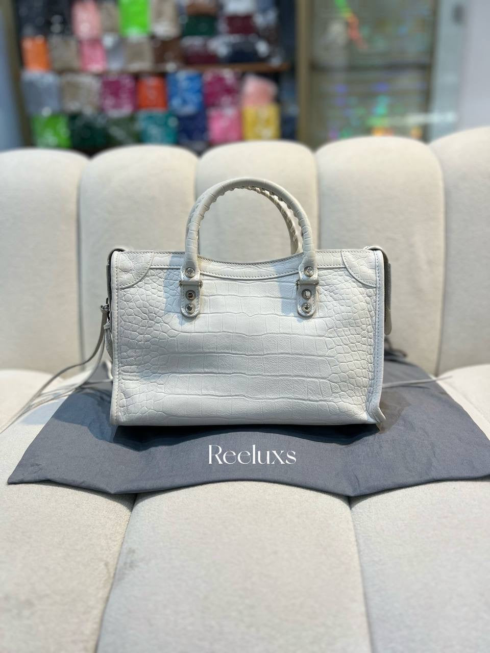 BALENCIAGA City White Croc Leather 2way Shoulder Bag