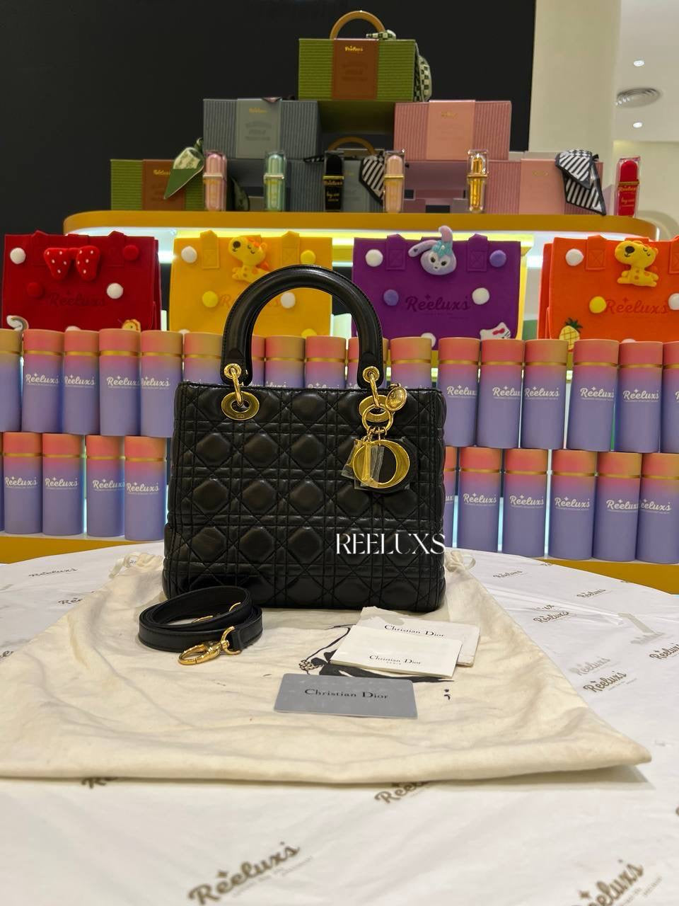 Medium LADY DIOR Black Leather Gold Hardware