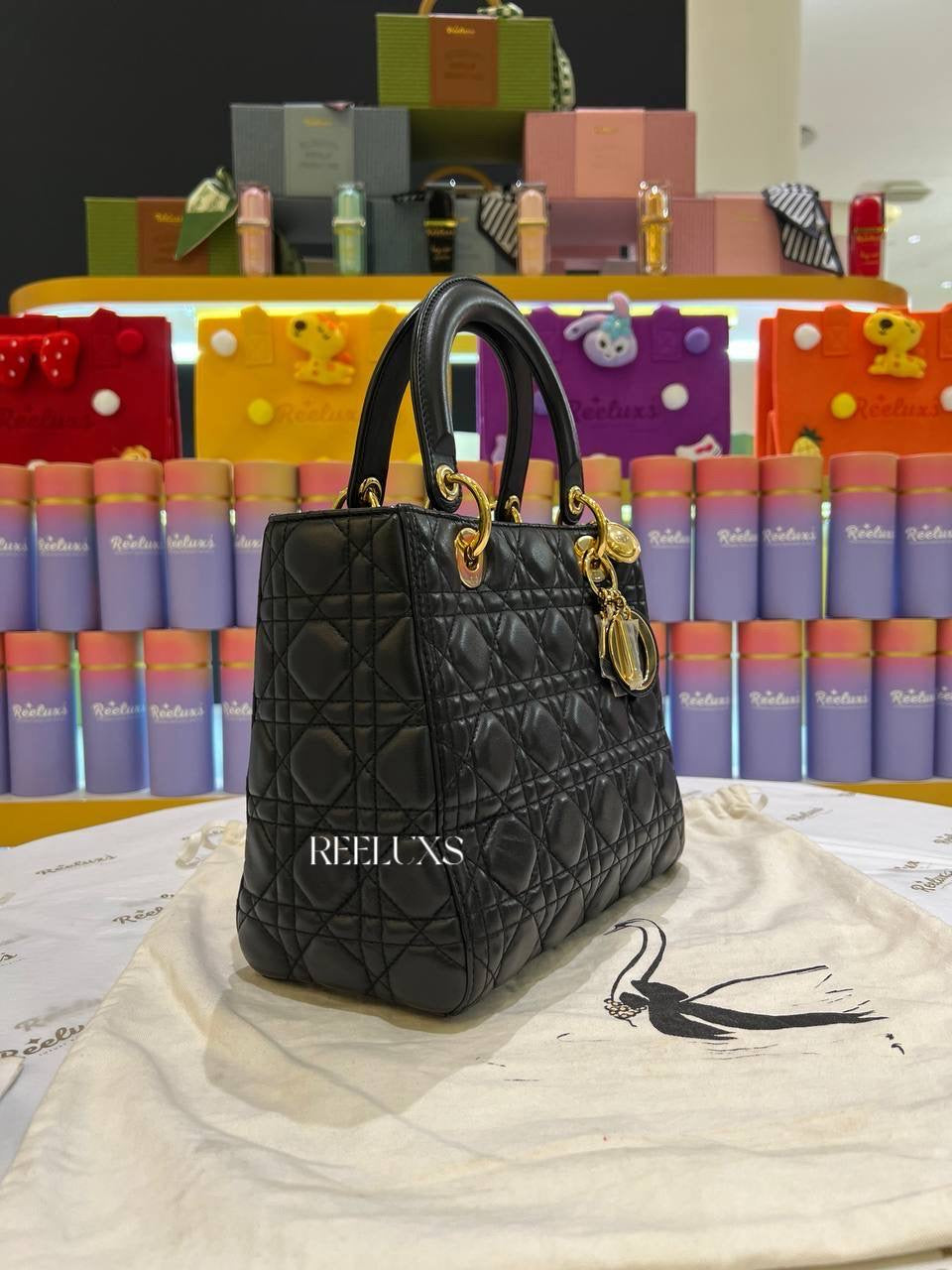 Medium LADY DIOR Black Leather Gold Hardware