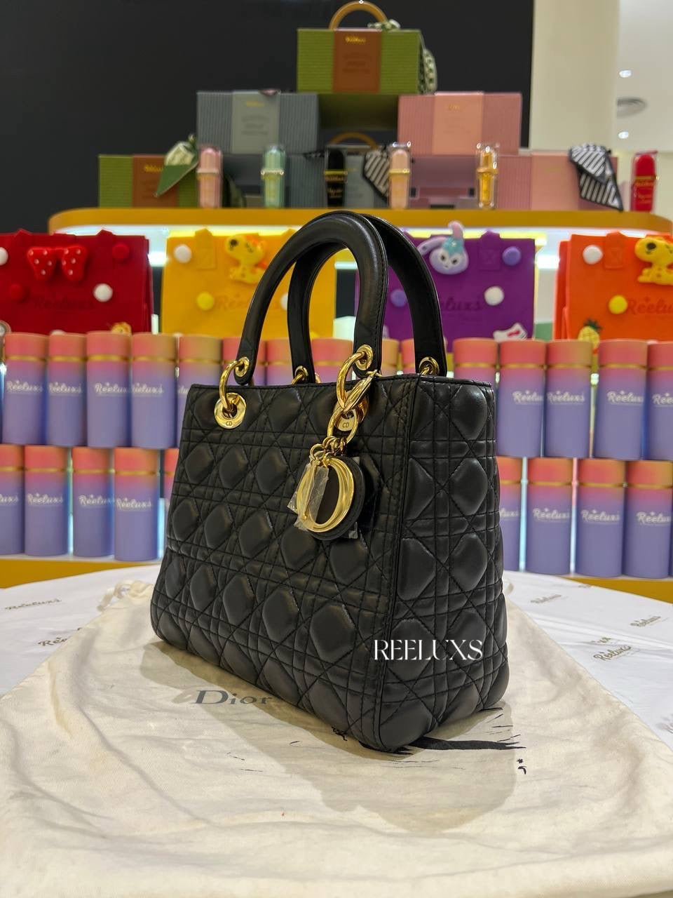 Medium LADY DIOR Black Leather Gold Hardware