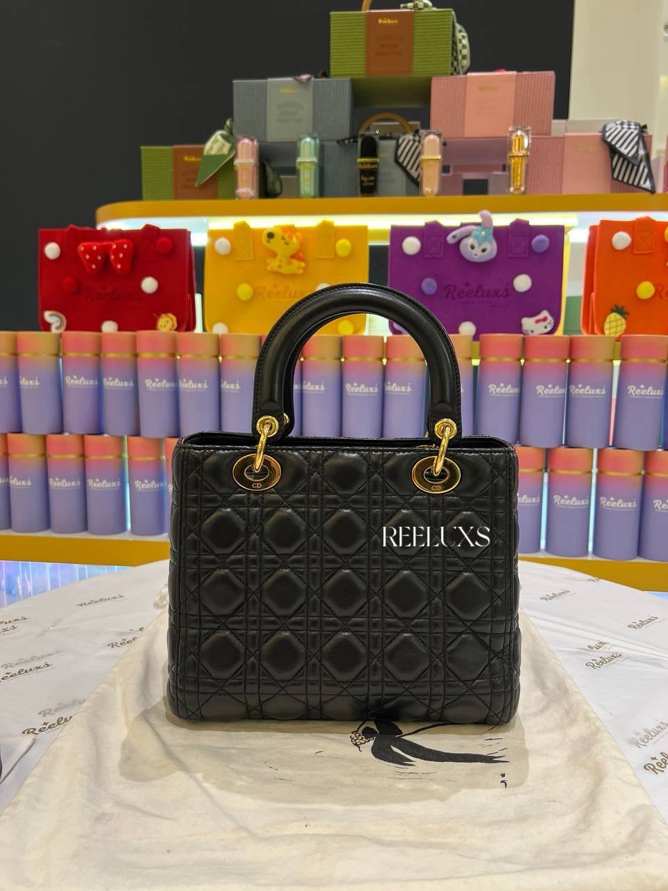 Medium LADY DIOR Black Leather Gold Hardware
