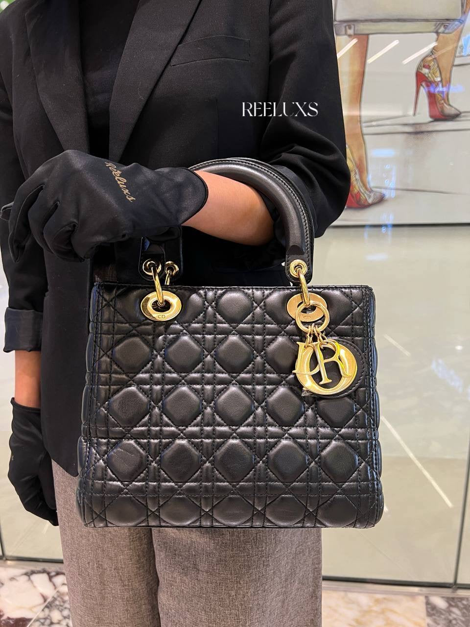 Medium LADY DIOR Black Leather Gold Hardware