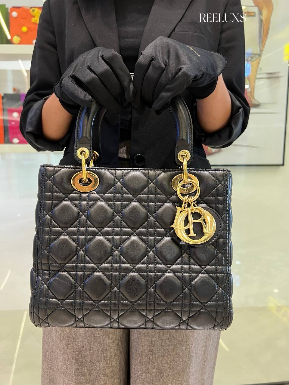 Medium LADY DIOR Black Leather Gold Hardware