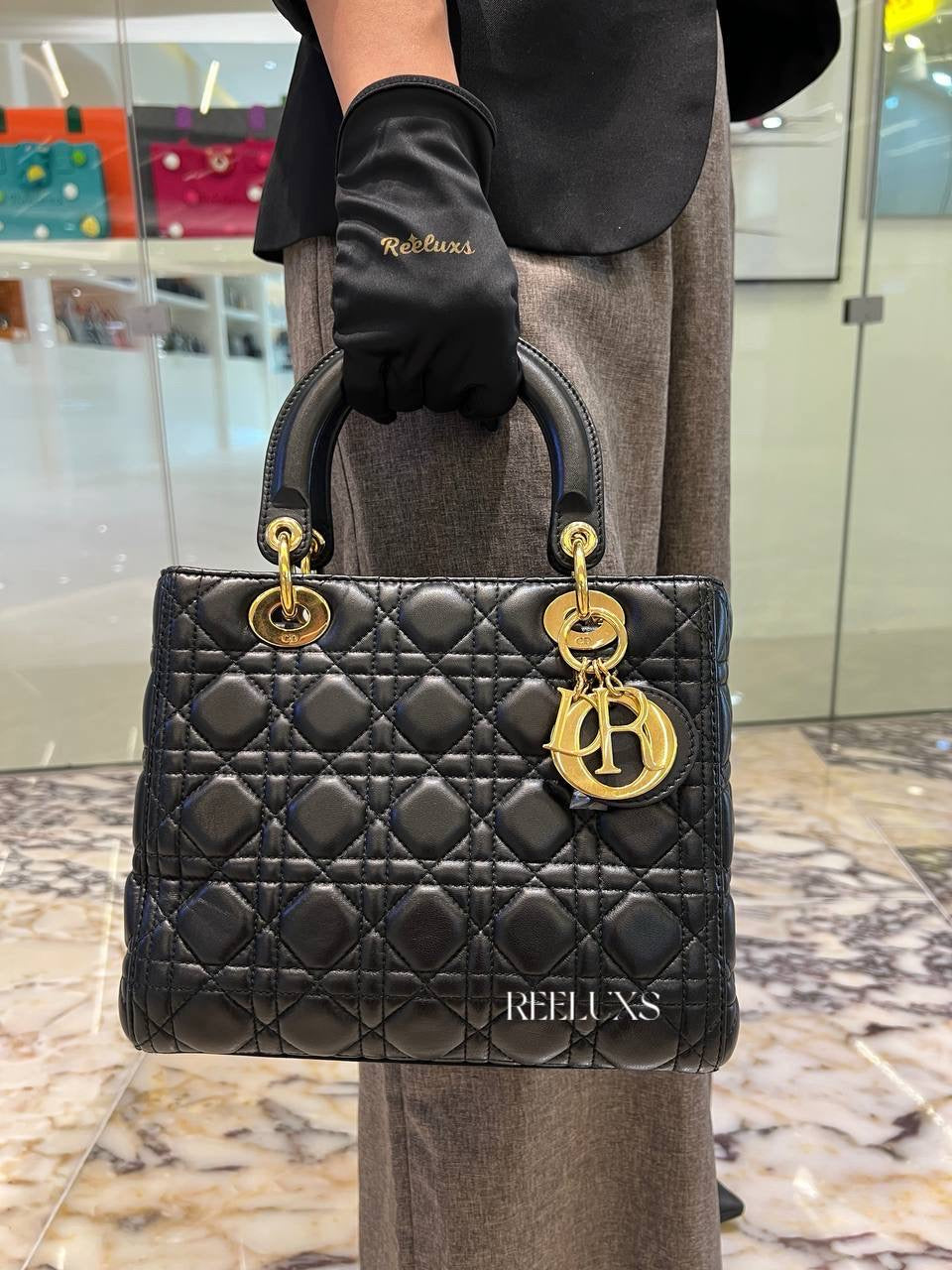 Medium LADY DIOR Black Leather Gold Hardware