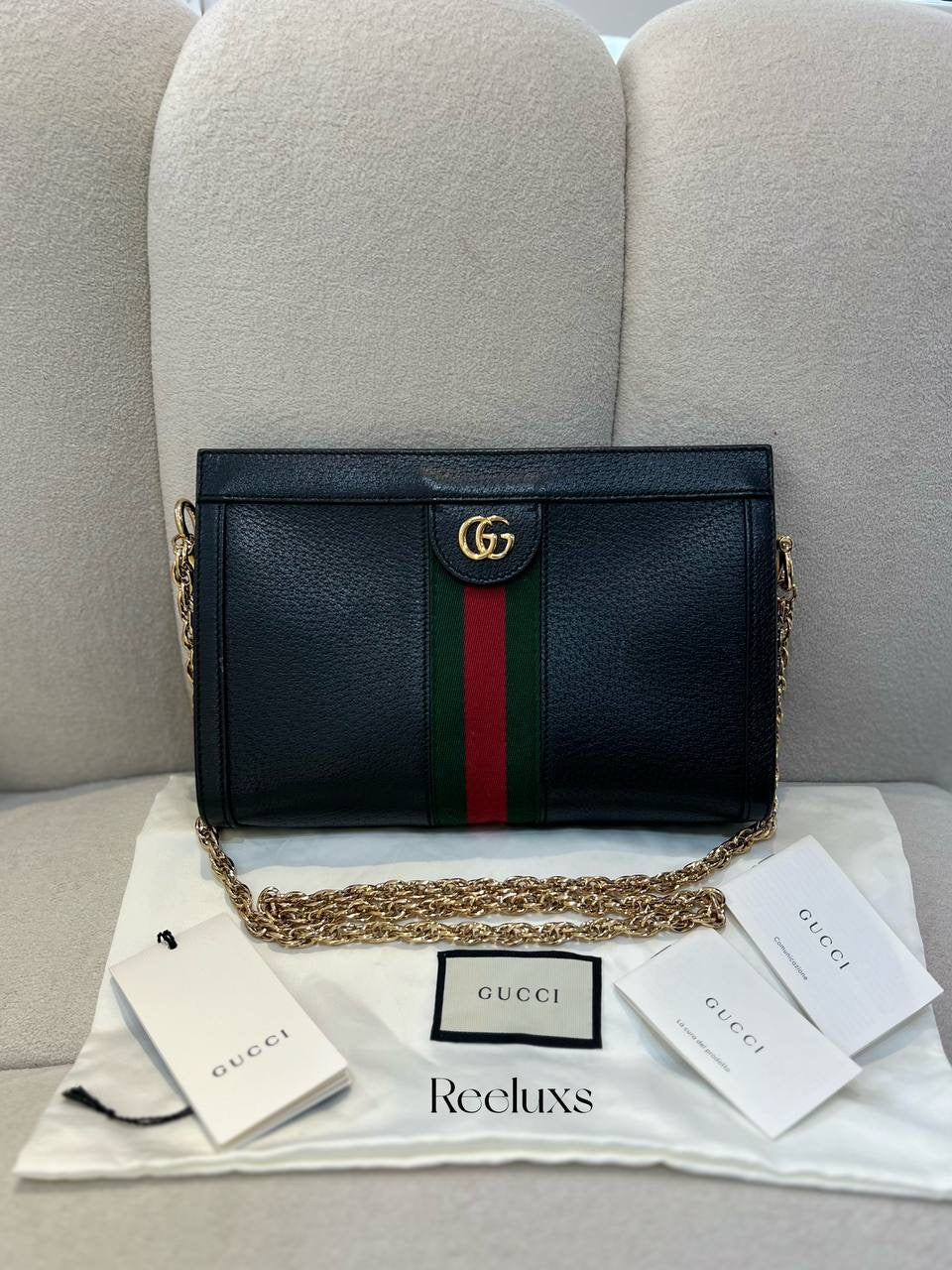 GUCCI Ophidia GG Chain Shoulder Black Leather Bag