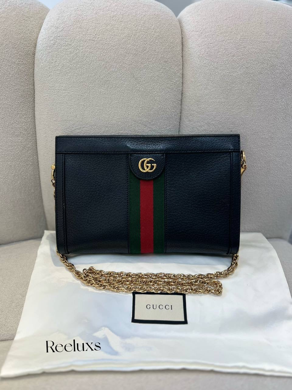 GUCCI Ophidia GG Chain Shoulder Black Leather Bag