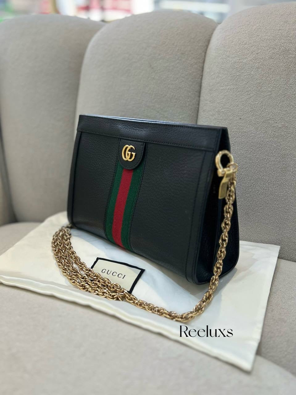 GUCCI Ophidia GG Chain Shoulder Black Leather Bag