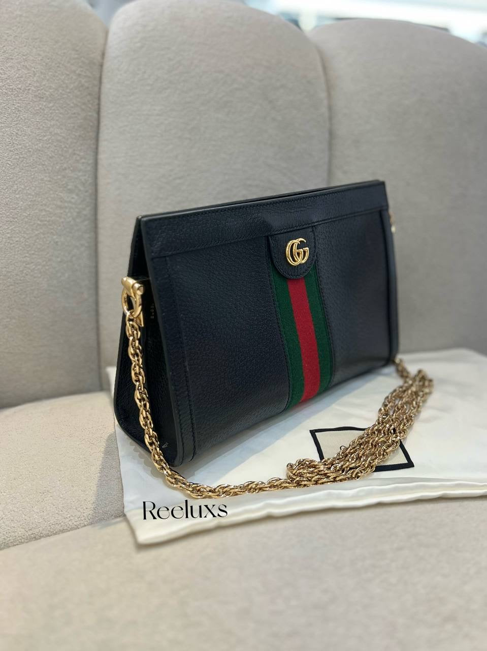 GUCCI Ophidia GG Chain Shoulder Black Leather Bag