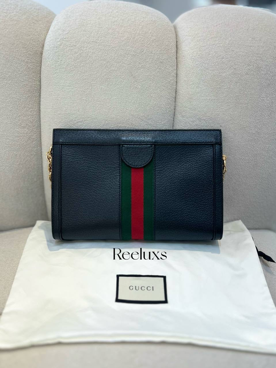 GUCCI Ophidia GG Chain Shoulder Black Leather Bag