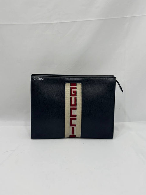 GUCCI Black Leather Stripe Logo Cosmetic Case Clutch