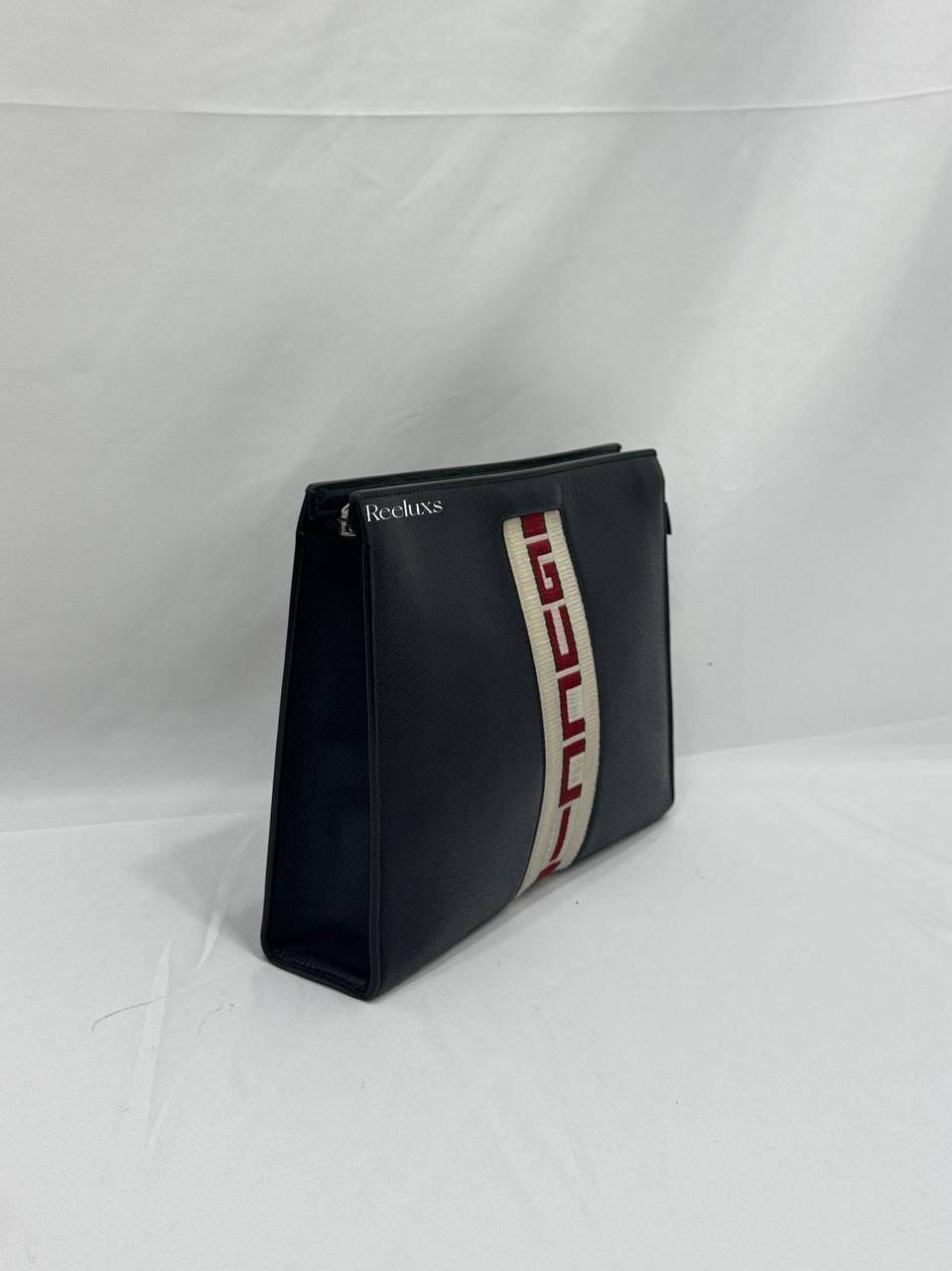 GUCCI Black Leather Stripe Logo Cosmetic Case Clutch