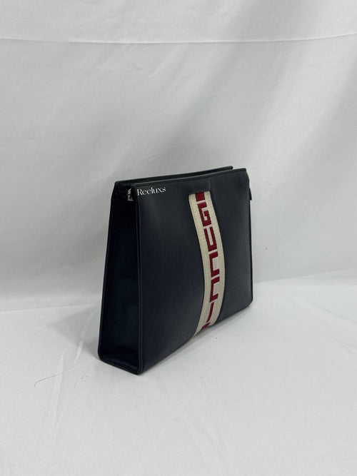 GUCCI Black Leather Stripe Logo Cosmetic Case Clutch