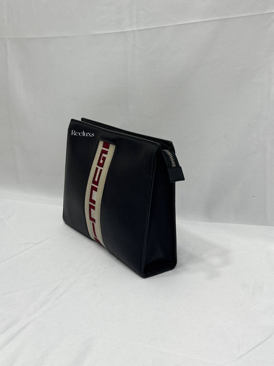 GUCCI Black Leather Stripe Logo Cosmetic Case Clutch
