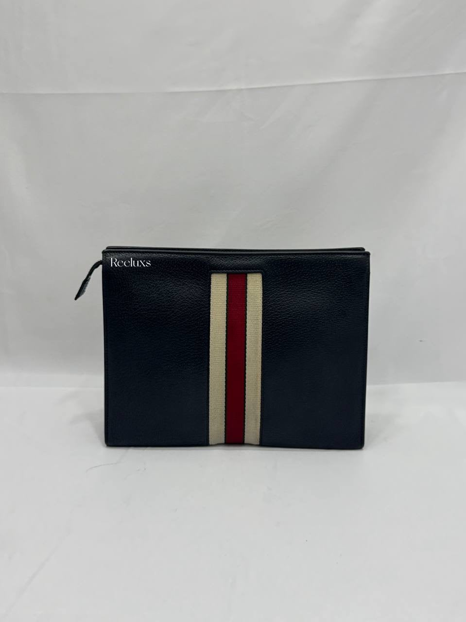 GUCCI Black Leather Stripe Logo Cosmetic Case Clutch