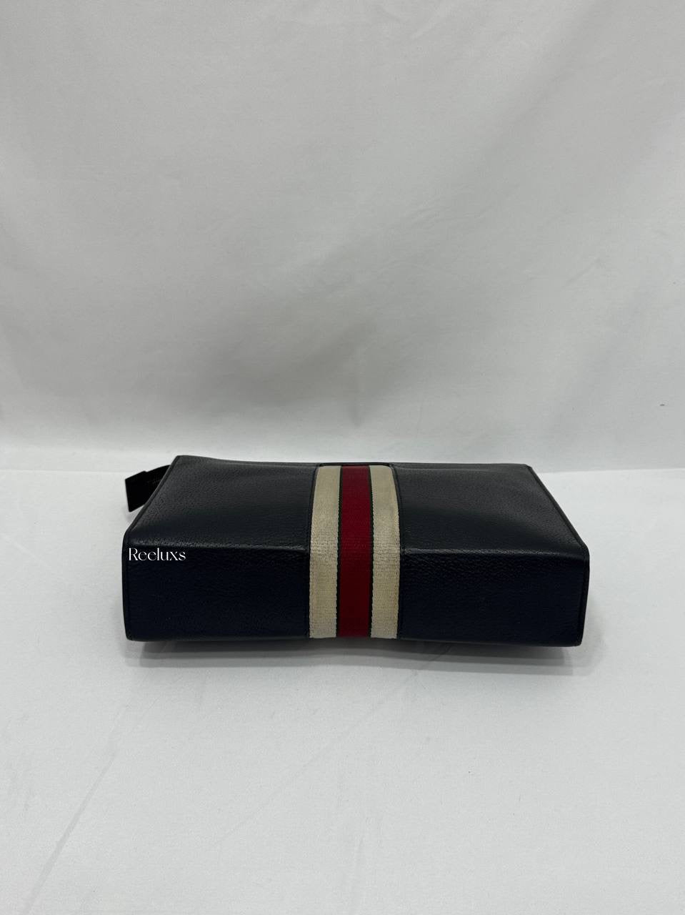 GUCCI Black Leather Stripe Logo Cosmetic Case Clutch