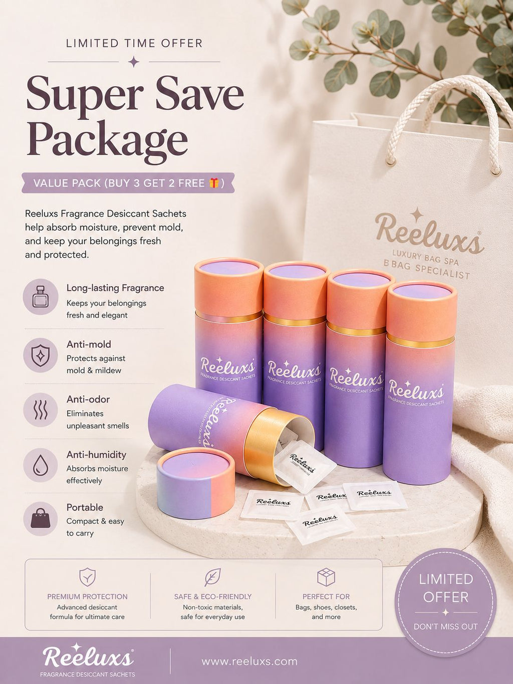REELUXS Fragrance Desiccant Sachets – Luxury Care for Your Precious Belongings