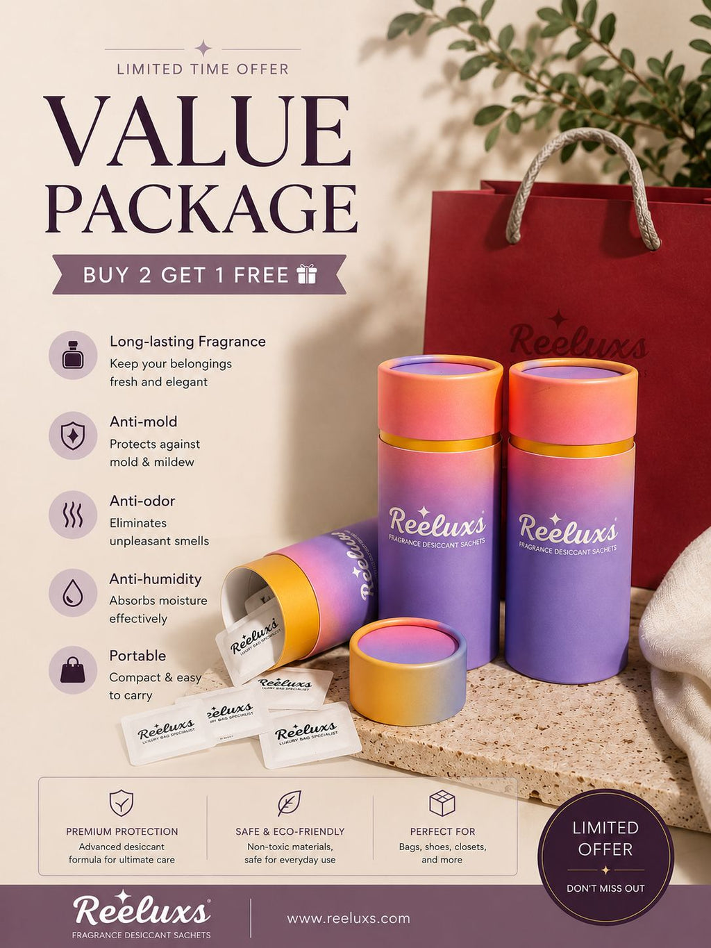 REELUXS Fragrance Desiccant Sachets – Luxury Care for Your Precious Belongings