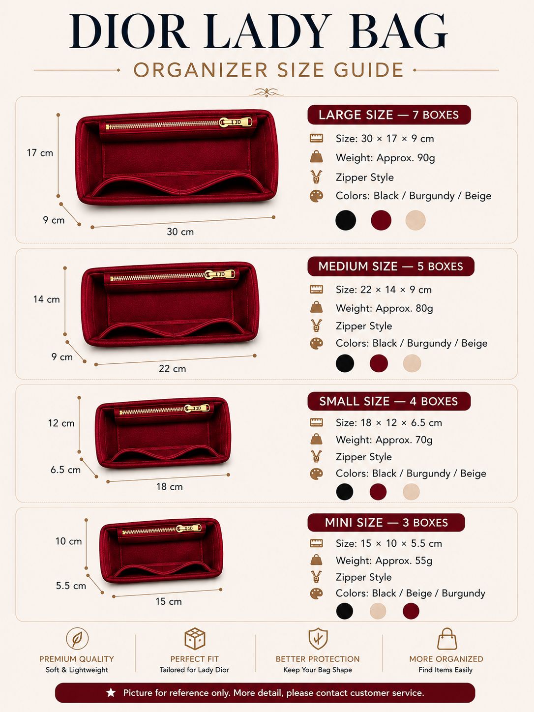 REELUXS Velvet Organizer -  Dior Lady Size Guide