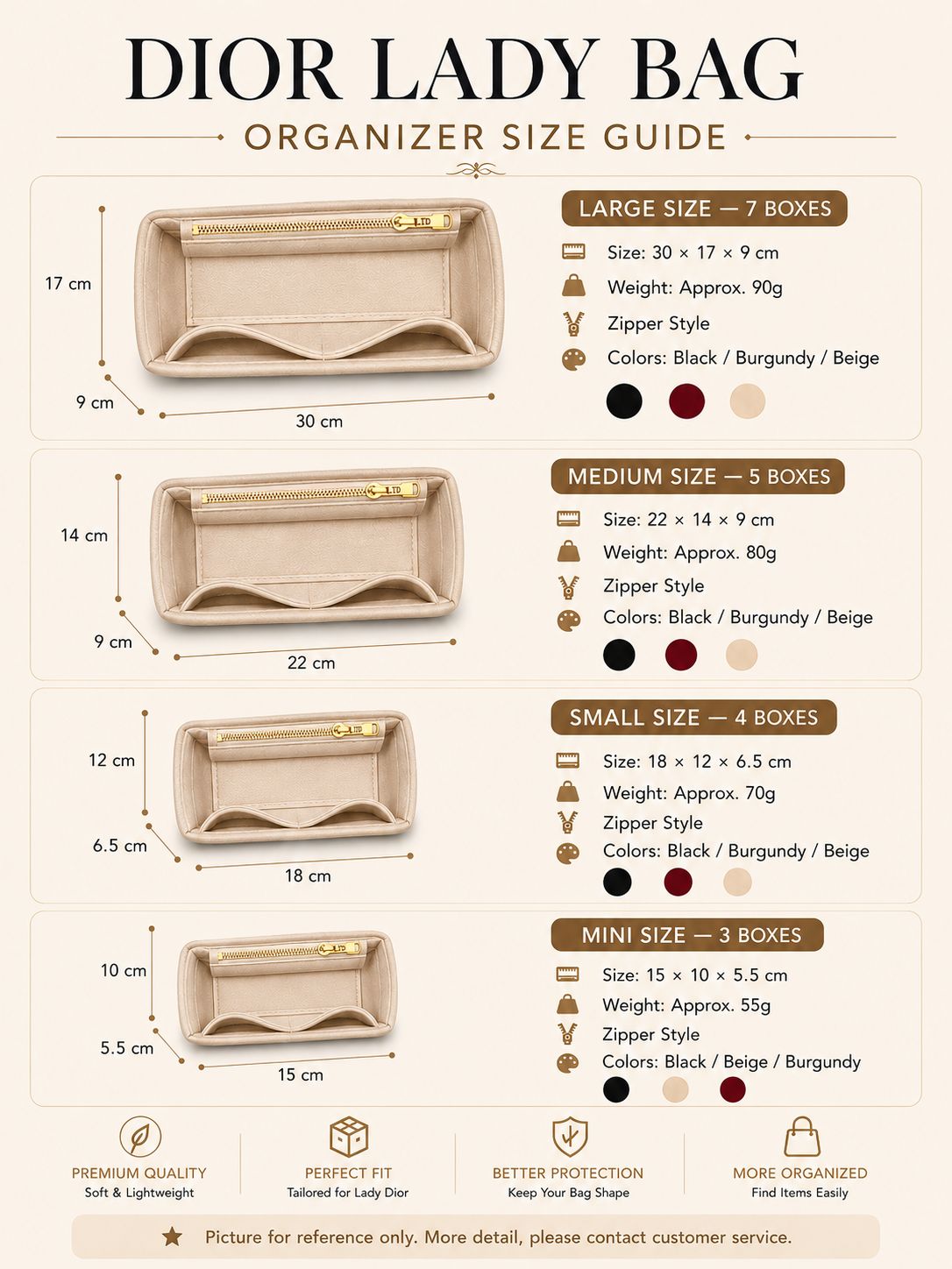 REELUXS Velvet Organizer -  Dior Lady Size Guide