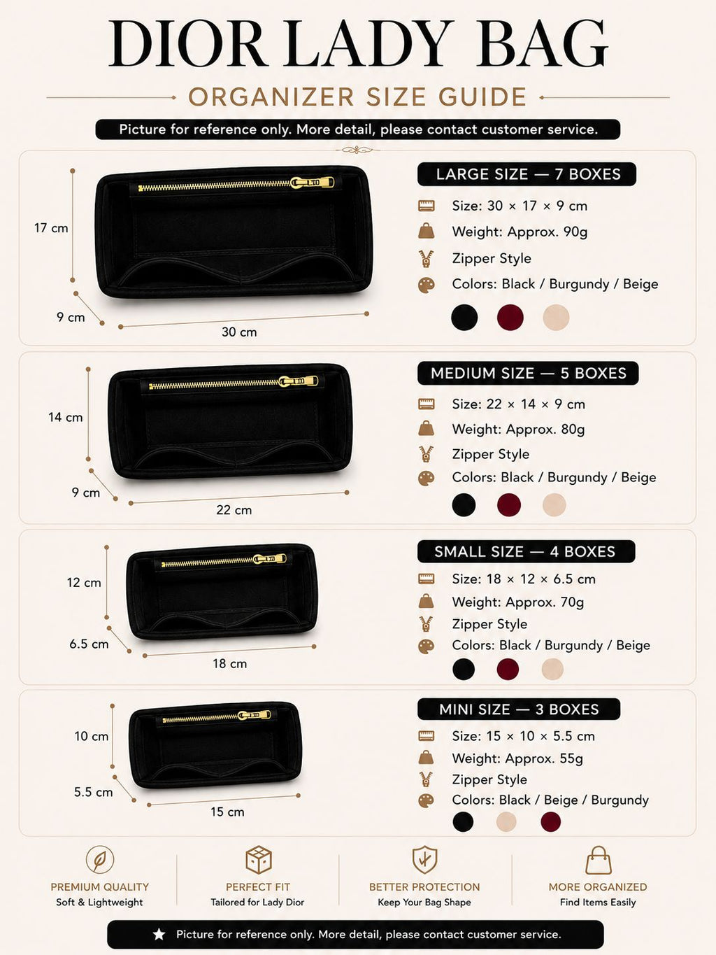 REELUXS Velvet Organizer -  Dior Lady Size Guide